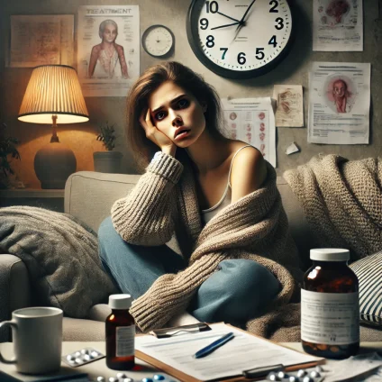 Woman sitting on a couch, looking fatigued and overwhelmed, with abstract symbols representing medical treatment options and confusion.